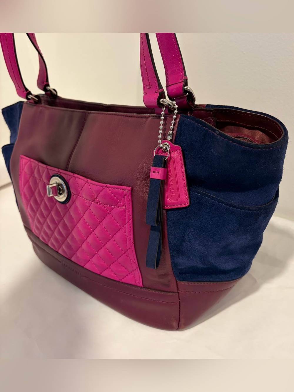 Coach #F24693 Colorblock Leather Tote Bag in Fuchsia, Burgundy & Navy - Picture 2 of 16